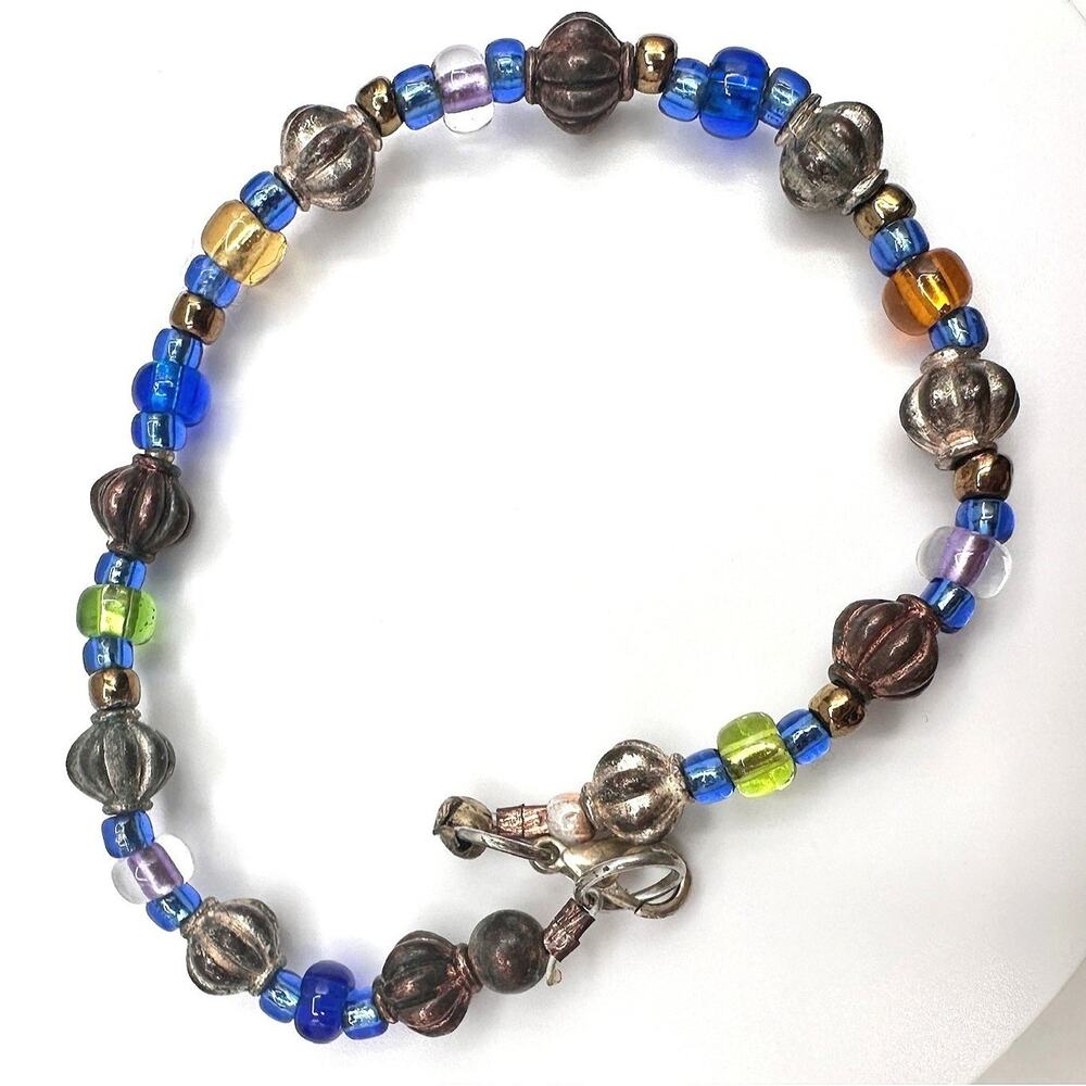Vintage 90s Y2K Glass Bead Bracelet Multicolor Boho Silver Tone Lobster Retro